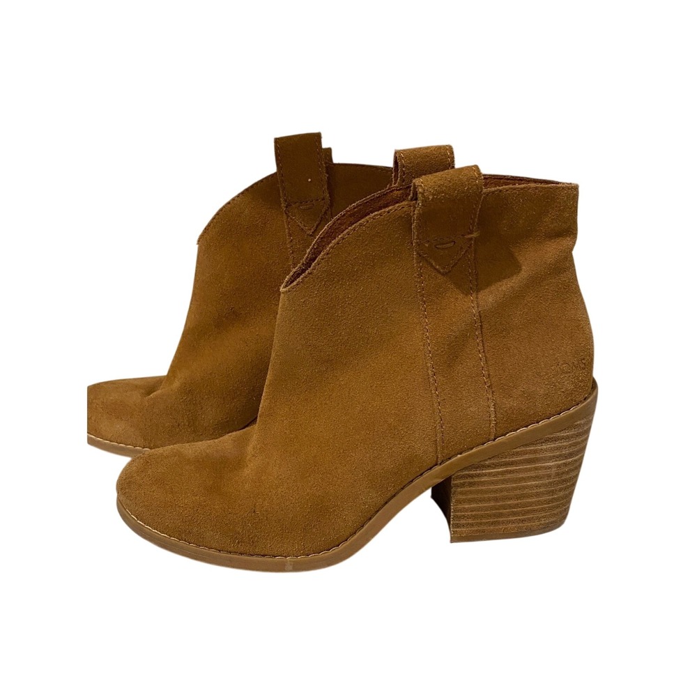 TOMS Women‎ Ankle Boots Suede Tan Block Heel Western Style Booties Size 6